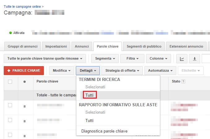 scheda AdWords dettaglio parole chiave